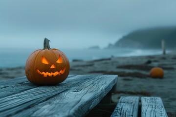 One spooky halloween pumpkin, Jack O Lantern, with an evil face and eyes on a wooden bench, table with a misty gray coastal night background with space for product placement
