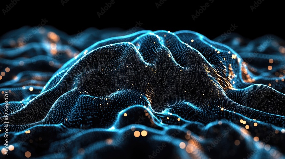 Poster abstract digital landscape depicting interconnected data points and neural networks, representing th