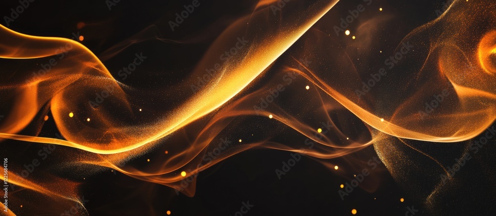 Poster glowing golden light particles swirling in smoke and mist creating an elegant backdrop with ample sp