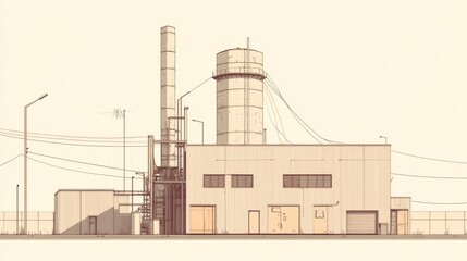 Obraz premium Industrial building illustration, factory exterior, power plant, infrastructure, urban landscape.