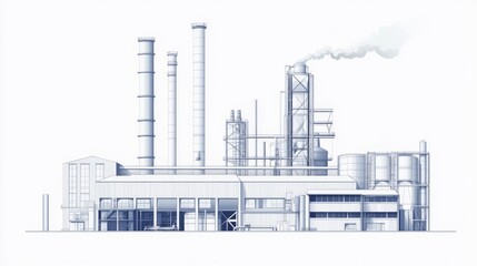 Industrial complex illustration, factory buildings, smokestacks, and infrastructure.
