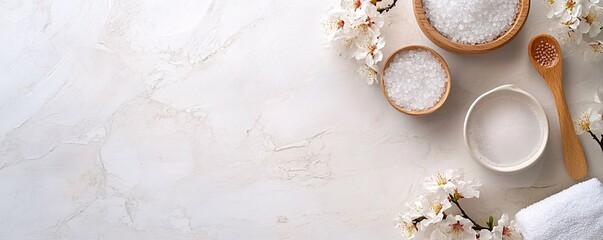 Self-care moment with spring flower-infused cosmetic composition and bath salt