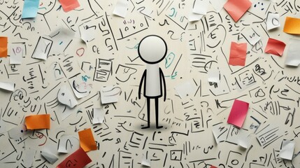 Stickman character amidst chaotic negative phrases with blank space for adding customized text or messages