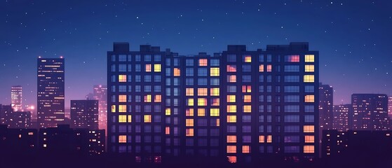 Naklejka premium The night skyline features a tall apartment building with its windows aglow, casting a silhouette in the urban environment.