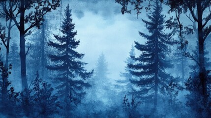 Serene forest landscape featuring pine tree silhouettes in soft fog with ample empty space for custom text or branding.