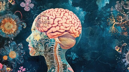 Hypnotherapist promoting cognitive enhancement with artistic brain illustration and floral elements in a vibrant background