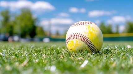 Baseball on grass field, sunny day, blurred background, perfect for sports themes