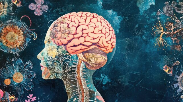 Hypnotherapist promoting cognitive enhancement with artistic brain illustration and floral elements in a vibrant background