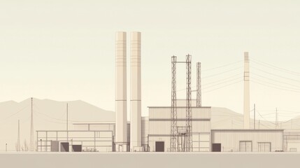 Industrial plant with tall chimneys and power lines against a mountain backdrop.