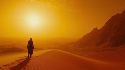 Fototapeta premium Solitary Figure Contemplates Vast Desert Landscape At Sunset