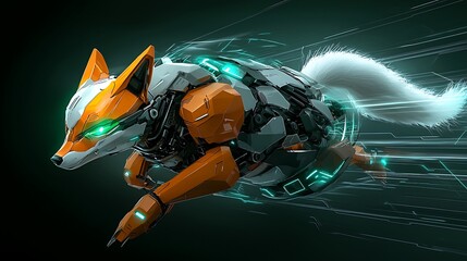 Robotic fox running, futuristic background, digital art, technology concept