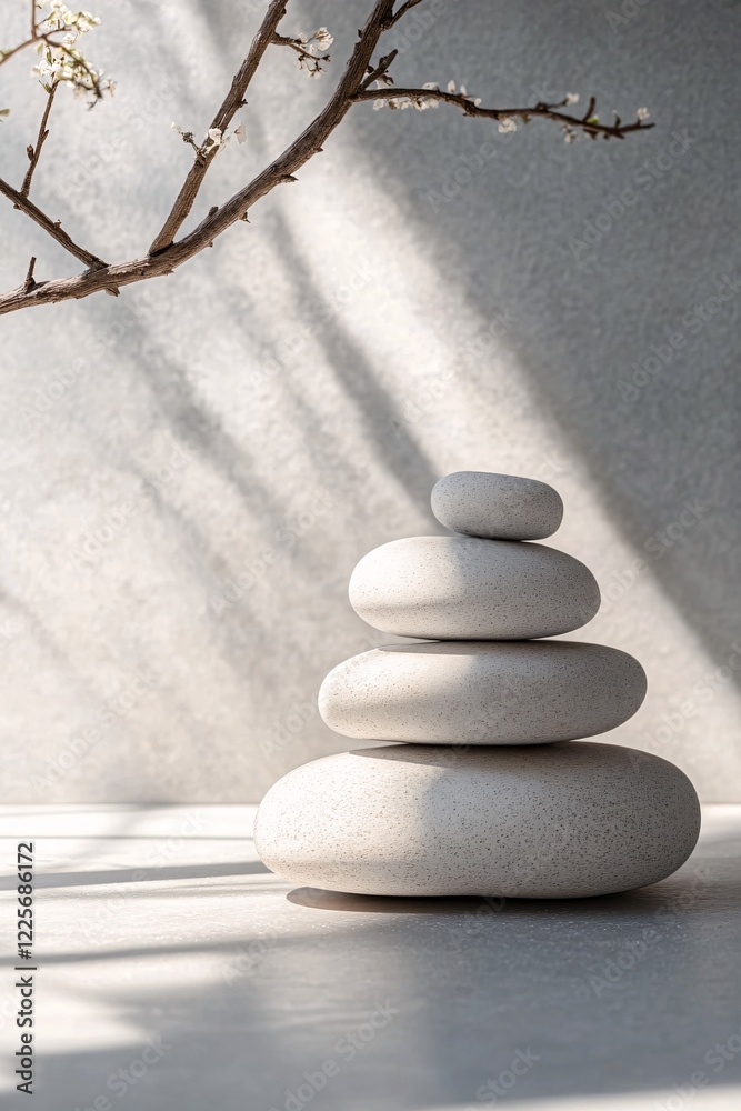 Aufkleber white zen stones casting shadow with blooming branch on grey background creating a peaceful and mini