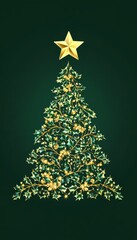 Artistic Christmas tree made of holly leaves with a golden star