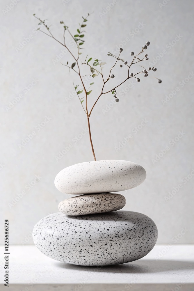 Poster Minimalist composition featuring a delicate branch placed in a stack of three stones, creating a serene and grounding atmosphere