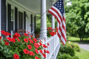 An American flag waves gently on the front porch of an American home, with red flowers in flower boxes on white railings Generative AI