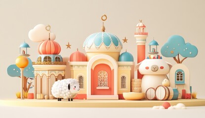 Whimsical 3D pastel landscape featuring colorful architecture, charming sheep, trees, and vibrant decorative elements in a magical setting