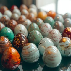 Fototapeta premium Artisan Chocolate Eggs Collection: A delightful close-up showcasing a diverse array of artisan chocolate eggs, each uniquely decorated with intricate patterns and metallic accents.