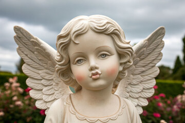 Cherubic angel statue blows kiss amid vibrant garden symbolizing death and life's beauty