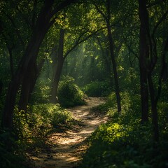 Obraz premium Sunlit Path Through Lush Green Forest Trail