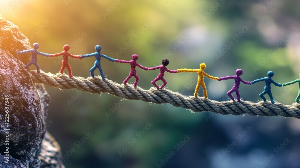 Poster group of vibrant figurines holds hands while crossing a gap on a tightrope