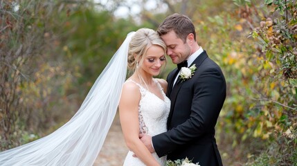 Fototapeta premium Newlywed bride and groom embracing tenderly on a wooded path during their wedding day.