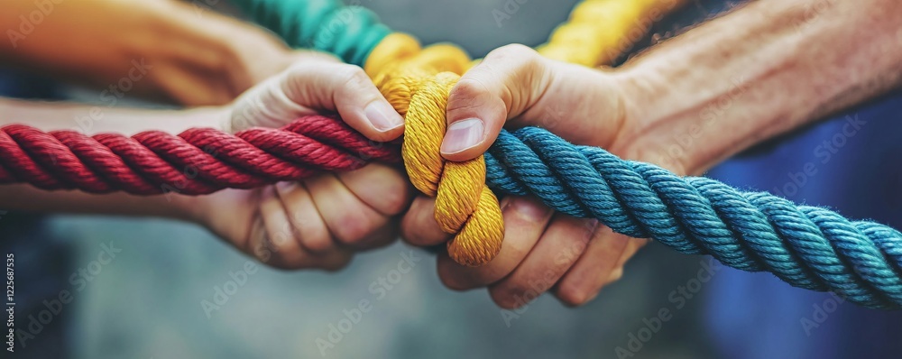 Poster team is pulling on a rope together in a symbol of teamwork and togetherness