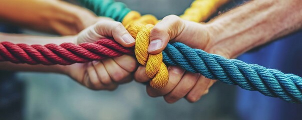 Team is pulling on a rope together in a symbol of teamwork and togetherness