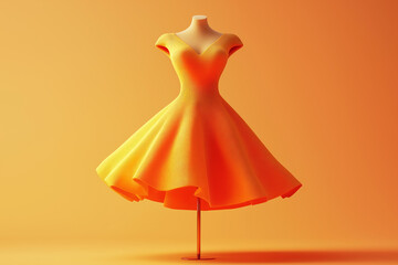 Vibrant orange and yellow dress on a mannequin against a bright warm background, stylish fashion design concept for modern apparel, retail, and boutique display