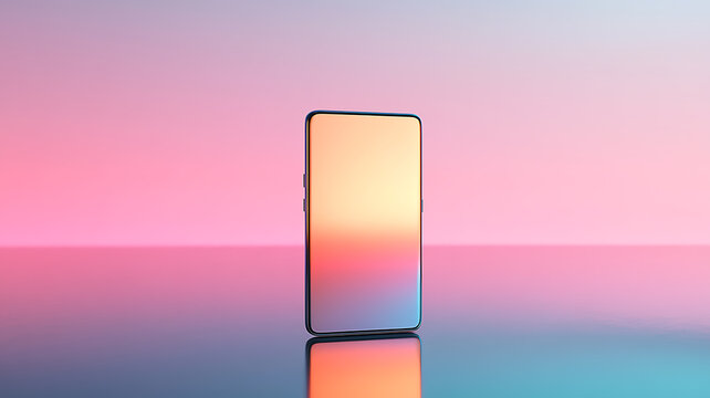 A stylish, modern smartphone with a gradient screen reflecting the soft, pastel hues of the background