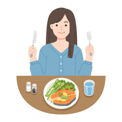 A woman eating salmon steak. Good food for life. Healthy foods with benefits. Healthy and vegan food concept.