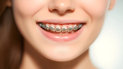Fototapeta premium Closeup Woman's Smile with Metal Braces Orthodontic Dental Care