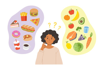 A woman choosing between healthy and unhealthy food. Fast-food vs balanced menu comparison. Healthy vs unhealthy food concept.