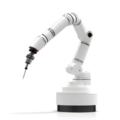 White Robotic Arm with Drill Bit, Industrial Automation, 3D Render