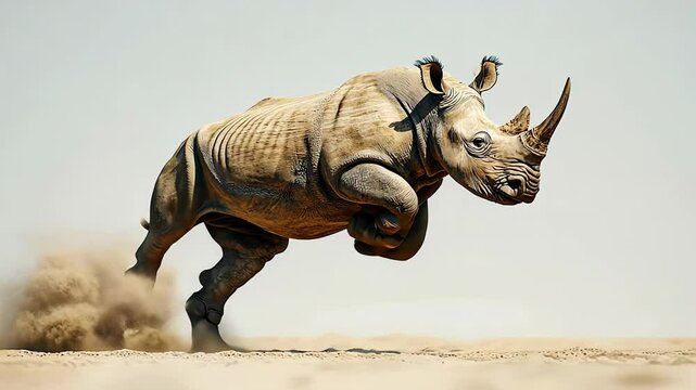 A rhinoceros powerfully runs across a sandy landscape, kicking up clouds of dust. The scene captures the animal's strength and energy in its natural habitat.