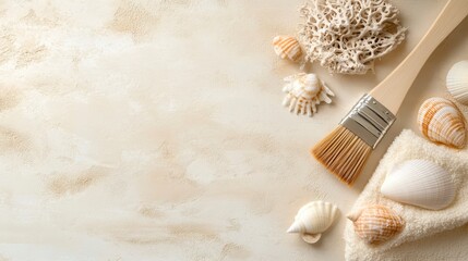 A serene tabletop featuring seashells and coral, with a paintbrush, evoking a coastal theme perfect for decor or crafting.