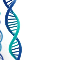 A close-up of a vibrant blue DNA double helix twisting against a clean white backdrop, with additional strands softly blurred in the background.