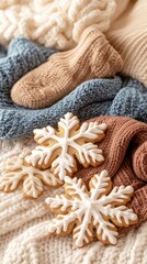 Cozy winter scene featuring knitted mittens and snowflake cookies on a textured background.