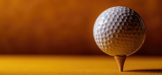 Golf ball on tee, orange background, close-up. Sports imagery