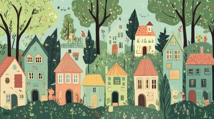 Fototapeta premium Charming Village Houses Nestled Within Lush Green Foliage