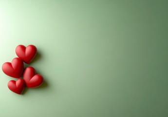 Four red hearts are arranged on a soft green background, symbolizing love and affection.