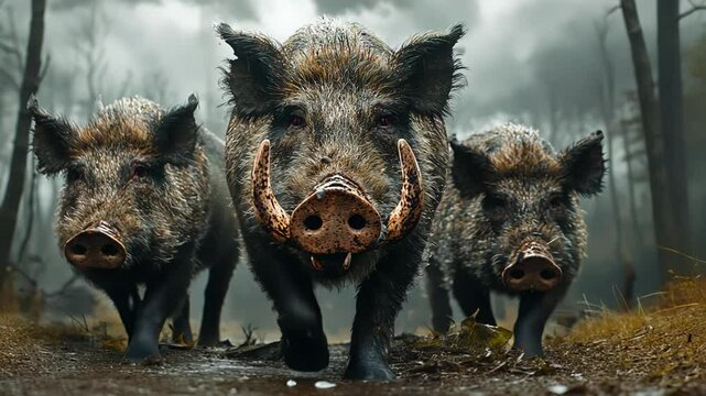 Three menacing wild boars emerge from the shadows of a gloomy forest, their fierce expressions and sharp tusks creating an unsettling atmosphere at dusk.