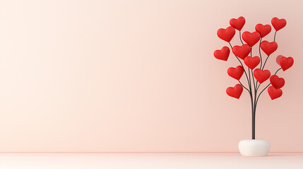 Minimalist love tree with red heart-shaped leaves in a white pot against a soft pink background, romantic Valentine’s Day concept for affection and emotional warmth