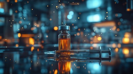 Syringe and vial placed on reflective surface in a dimly lit laboratory