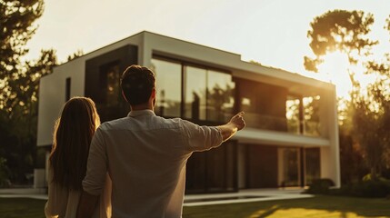 Rear view of young couple looking at their new house