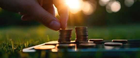Hand adding coin to stack outdoors, sunset. Financial growth concept