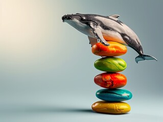 A playful whale model balancing on colorful stones against a soft gradient background. Massive Balance, Fragile Stability