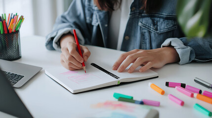 Close-up of a girl's hands drawing with a red pencil in a notebook