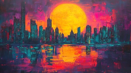 A neon art piece depicting a city skyline at sunset, blending bright colors with urban architecture, creative and unique 