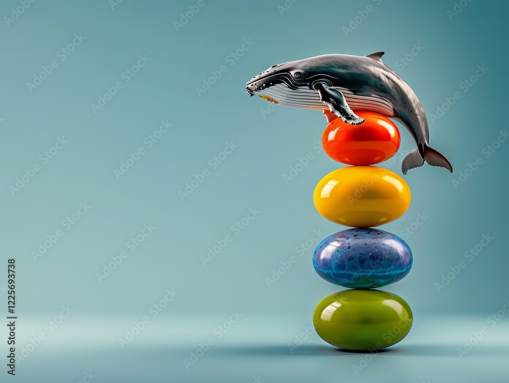 Wall mural a playful humpback whale sits atop a vibrant stack of colorful spheres, creating a whimsical and ima