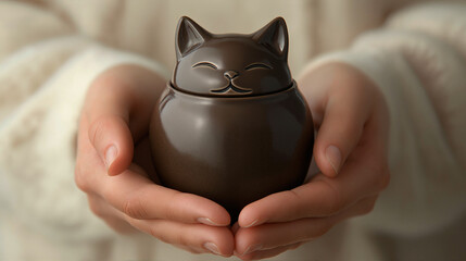 Hands holding a cat-shaped pet cremation urn in a warm, soft setting